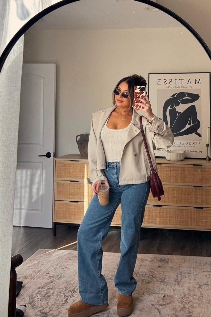 Beige Cropped Trench Jacket + White Ribbed Bodysuit + Wide-Leg Blue Jeans + Platform Tan Uggs