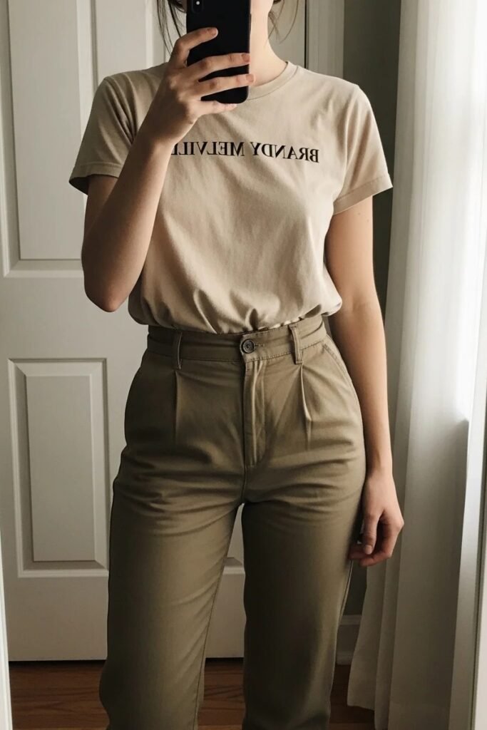 Beige Graphic T-Shirt + Khaki Pleated Trousers