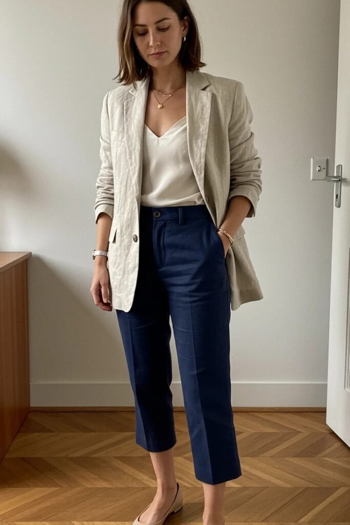 Beige Linen Blazer + White Silk Camisole + Navy Cropped Trousers + Beige Ballet Flats
