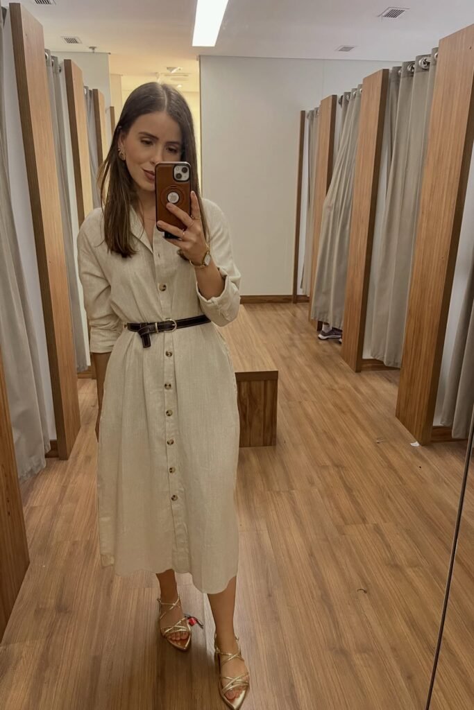 Beige Linen Button-Down Midi Dress + Brown Leather Belt + Gold Strappy Sandals