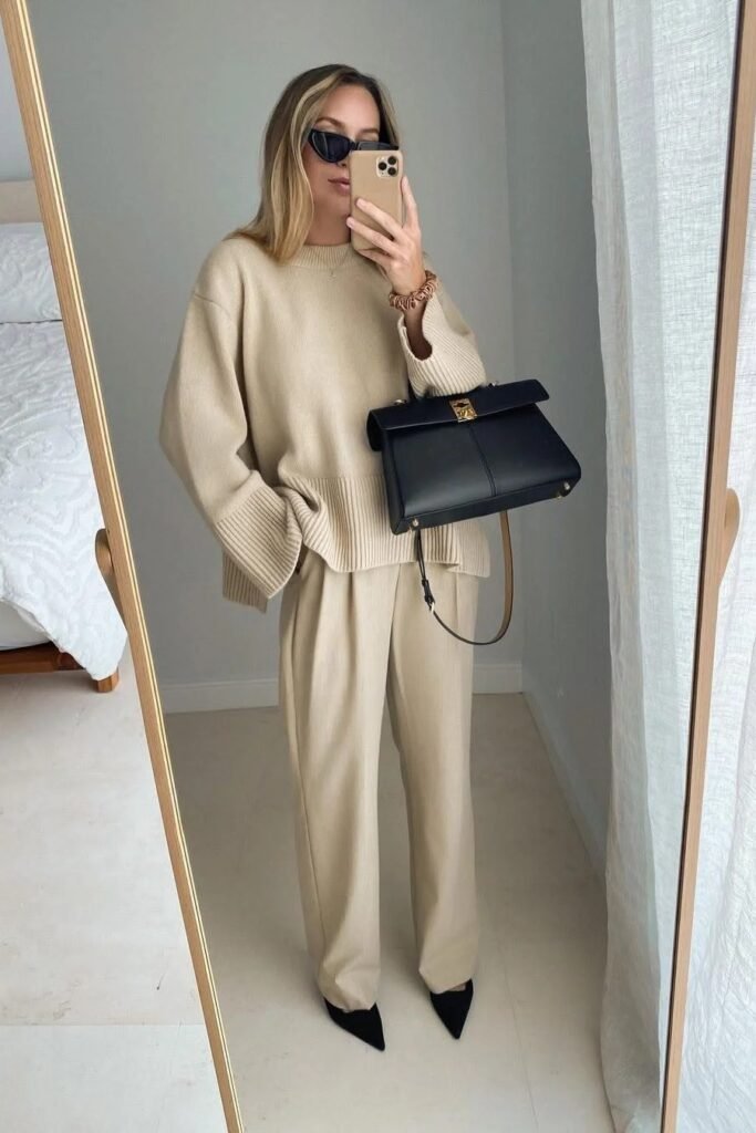 Beige Oversized Knit Sweater + Matching Wide-Leg Trousers + Black Pointed Heels