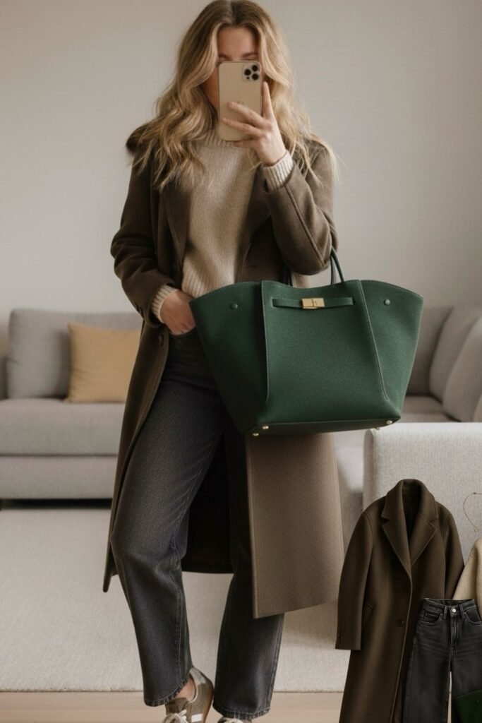 Beige Ribbed Knit Sweater + Olive Wool Coat + Charcoal Straight-Leg Jeans + Green Suede Sneakers