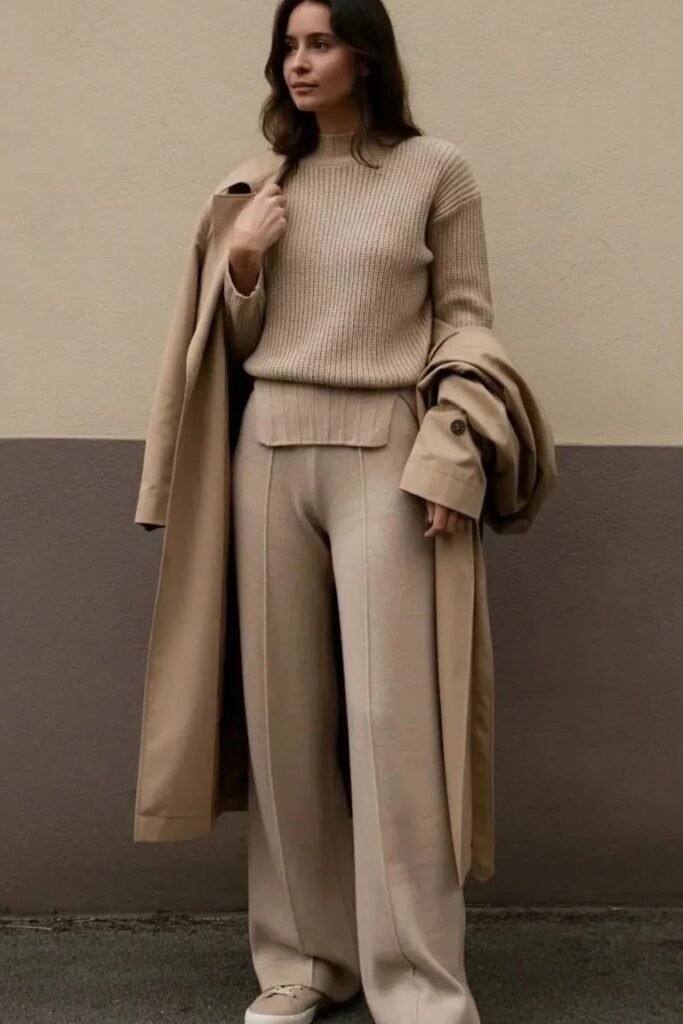 Beige Ribbed Mock-Neck Sweater + Matching Wide-Leg Knit Trousers + Camel Trench Coat + Tan Sneakers