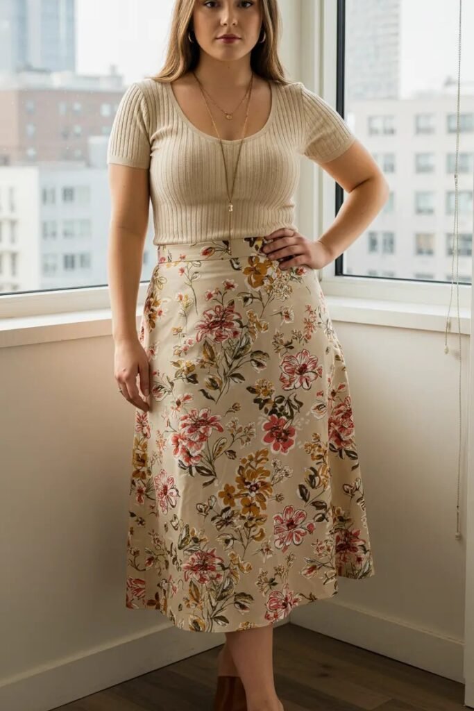 Beige Ribbed Short-Sleeve Top + Floral A-Line Midi Skirt + Brown Mules