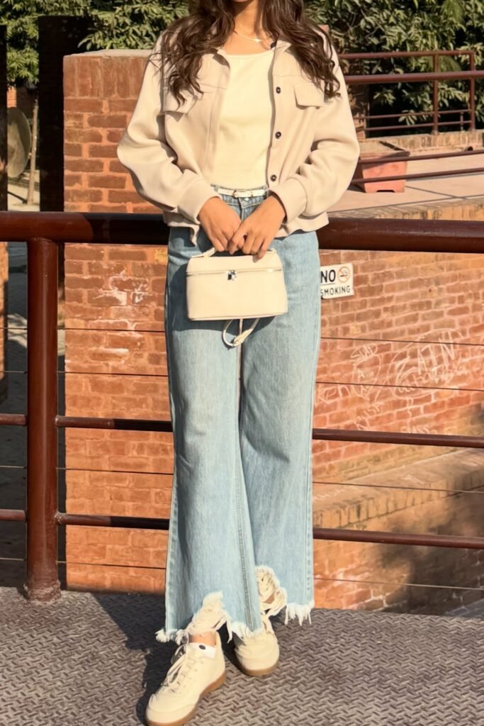 Beige Shacket + Cream Top + Light Wash Frayed Hem Jeans + Cream Sneakers