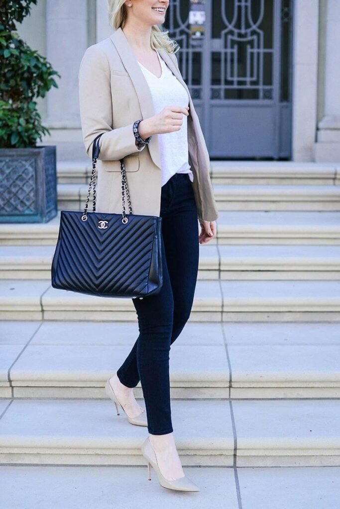 Beige Tailored Blazer + White V-neck Tee + Dark Wash Skinny Jeans + Nude Pumps