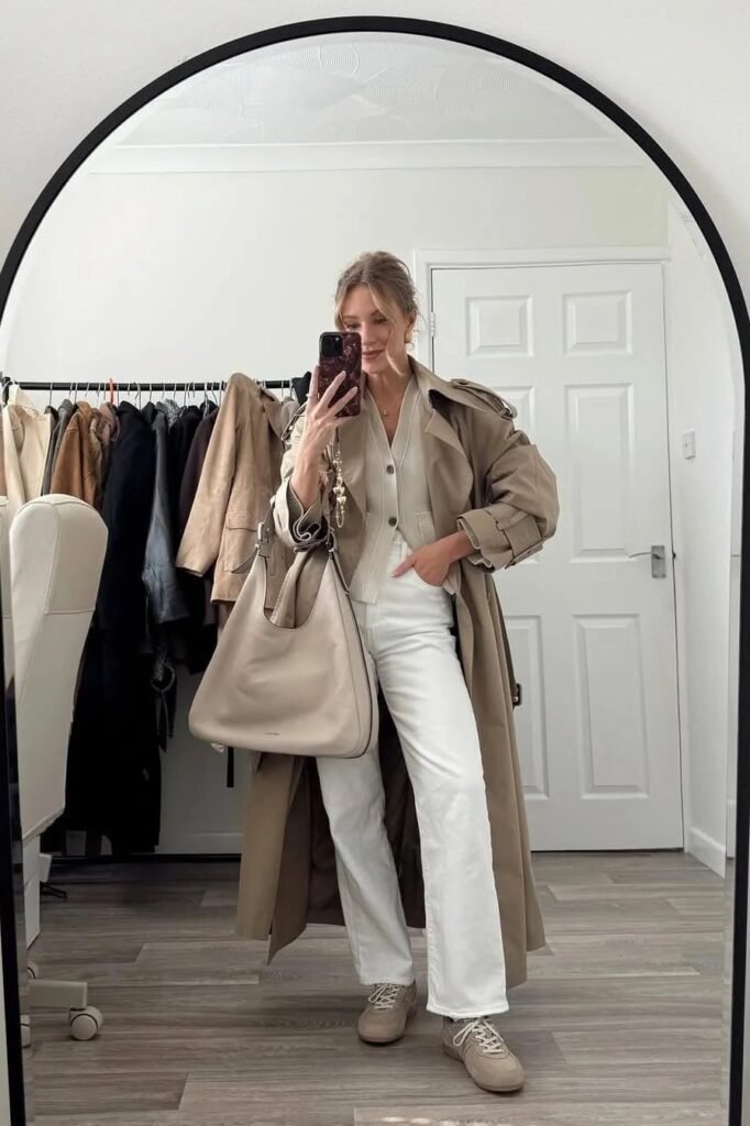Beige Trench Coat + Cream Cardigan + White Straight-Leg Jeans + Beige Sneakers