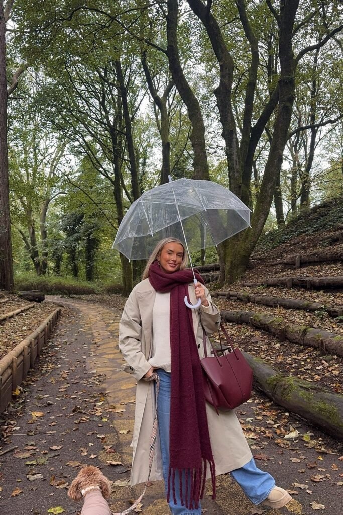 Beige Trench Coat + Cream Sweater + Burgundy Scarf + Wide-Leg Blue Jeans