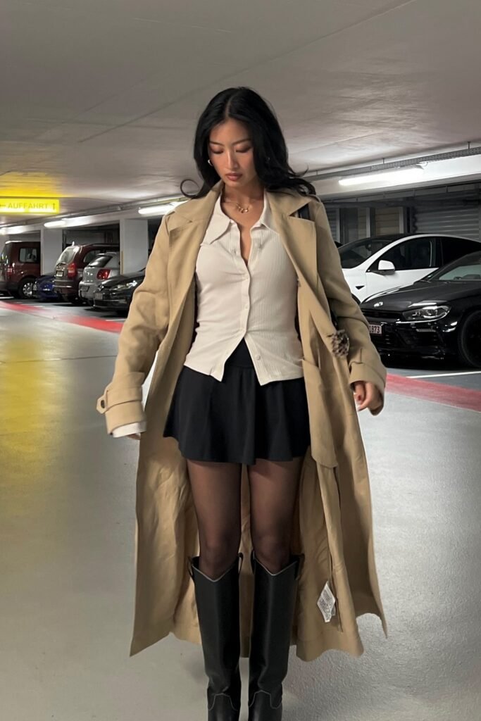 Beige Trench Coat + White Button-Up Cardigan + Black Mini Skirt + Black Knee-High Boots