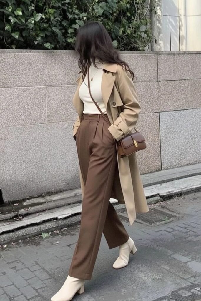 Beige Trench Coat + White Turtleneck + Brown Pleated Trousers + Cream Ankle Boots