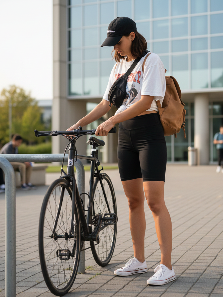 Biker Shorts + Oversized Tee + Fanny Pack + Sneakers