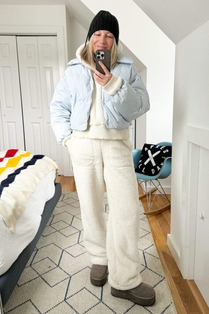 Black Beanie + Light Blue Puffer Jacket + White Sherpa Set + Platform Boots