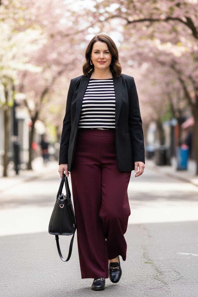 Black Blazer + Striped Boatneck Top + Burgundy Wide Leg Trousers + Loafers