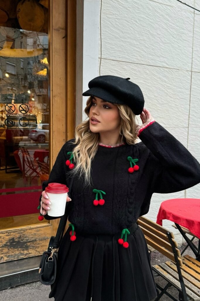 Black Cable Knit Cherry Appliqué Sweater + Black Pleated Mini Skirt + Black Baker Boy Hat