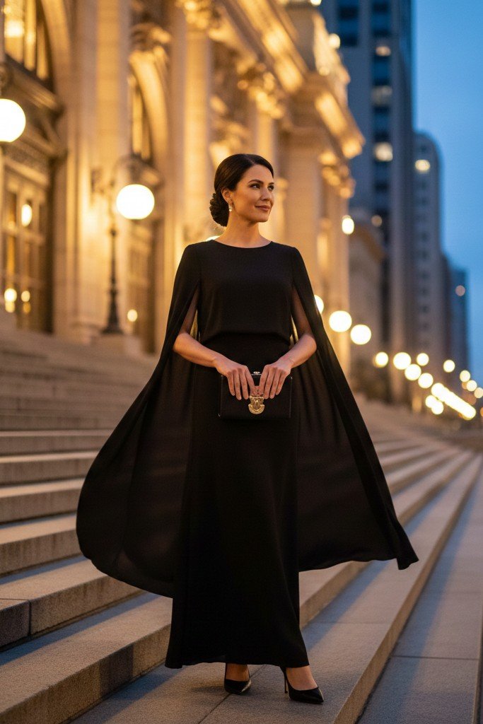 Black Cape Style Evening Gown + Black Pointed Heels + Black Gold Hardware Clutch
