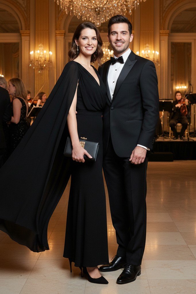 Black Cape-Style Evening Gown + Black Pointed Heels + Black Gold-Hardware Clutch