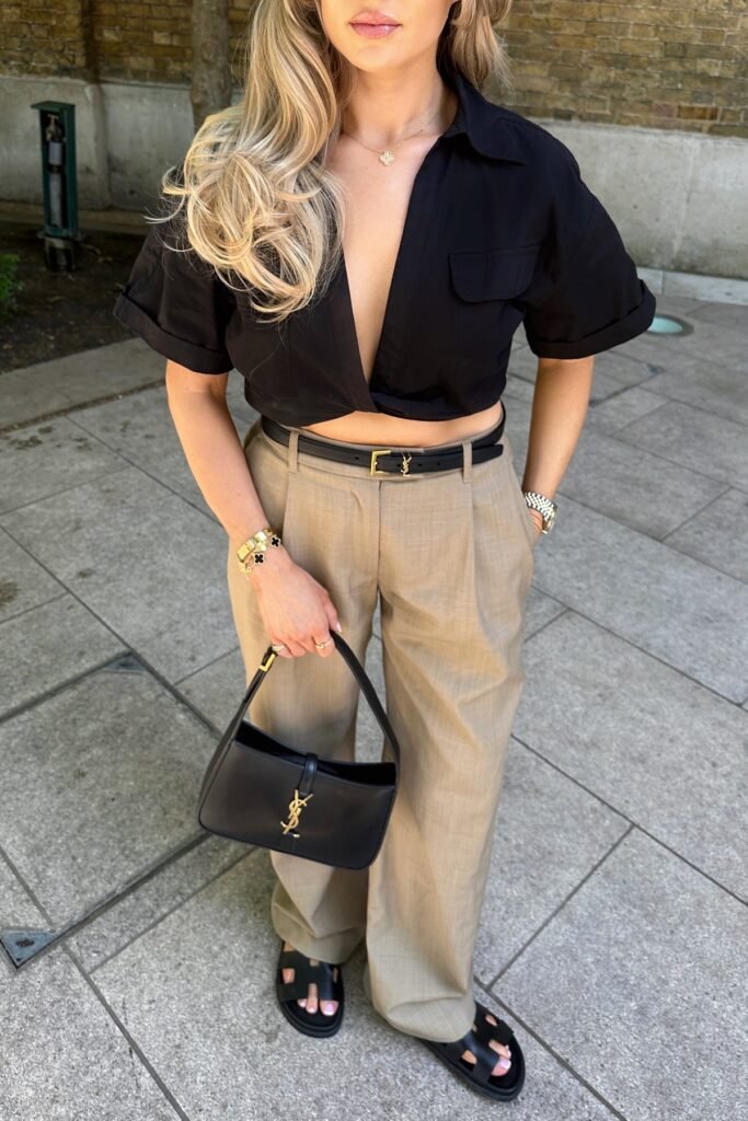 Black Cropped Short-Sleeve Button-Up + Khaki Wide-Leg Trousers + Black Slide Sandals