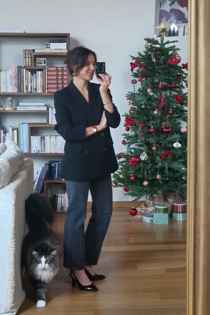 Black Double-Breasted Blazer + Dark Grey Straight Jeans + Burgundy Slingback Heels