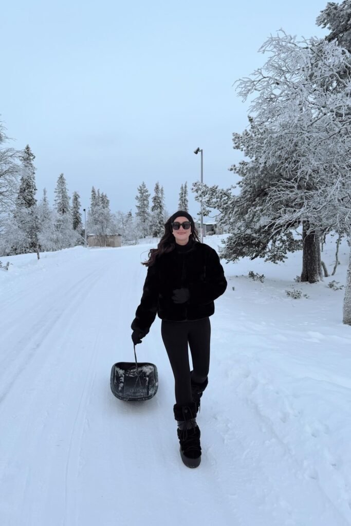 Black Faux Fur Bomber + Black Leggings + Black Winter Boots