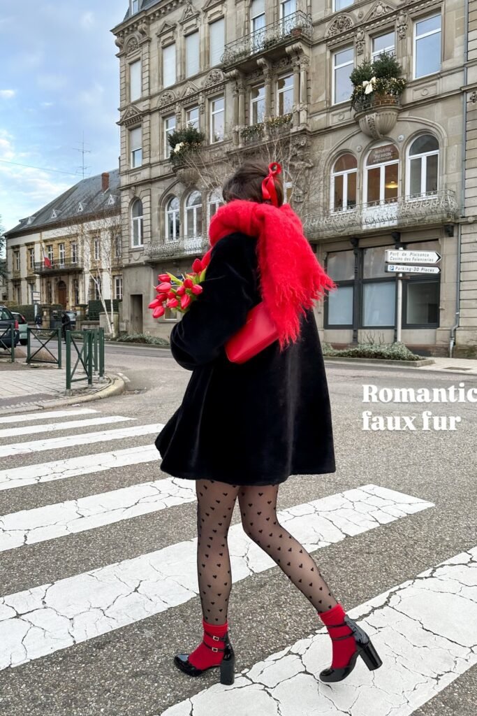 Black Faux Fur Coat + Heart-Print Sheer Tights + Red Scarf and Socks + Black Platform Heels
