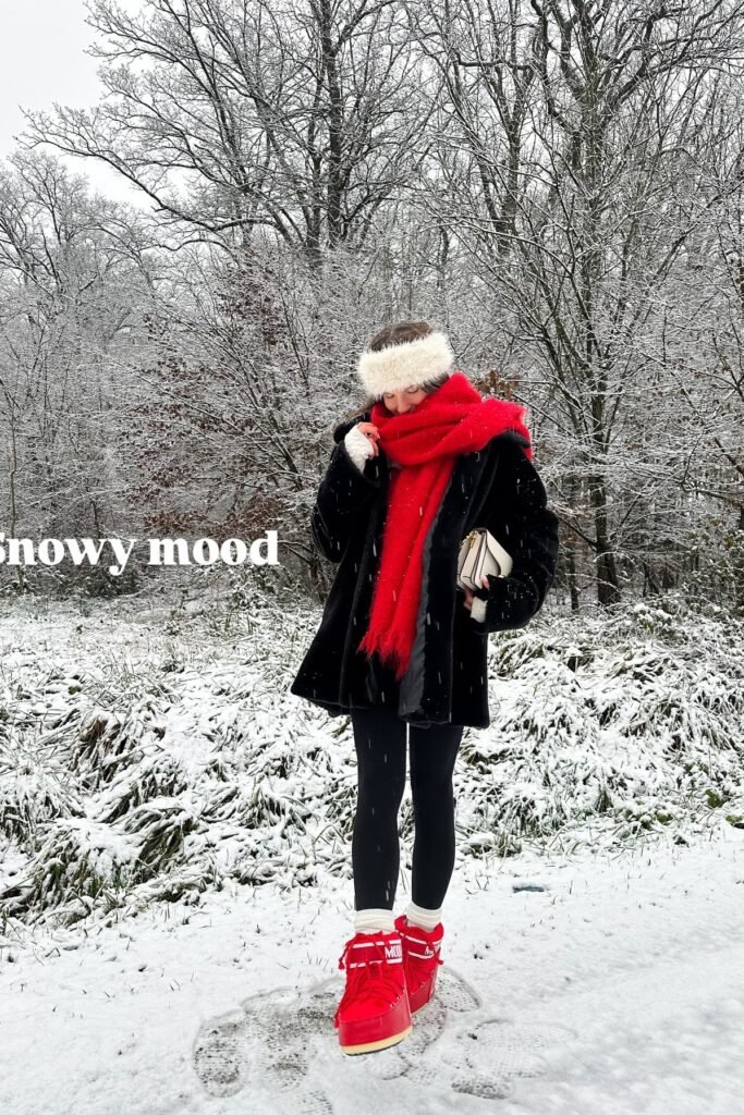 Black Fur Coat + Black Leggings + Red Oversized Scarf + Red Moon Boots