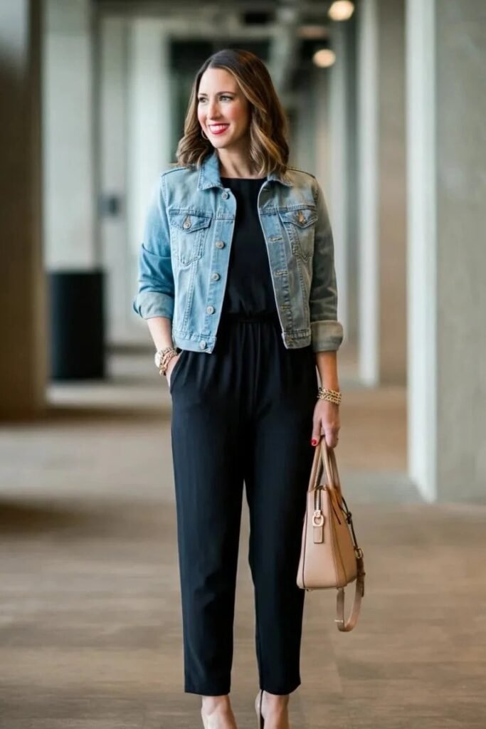 Black Jumpsuit + Light Wash Denim Jacket + Beige Pointed-Toe Heels