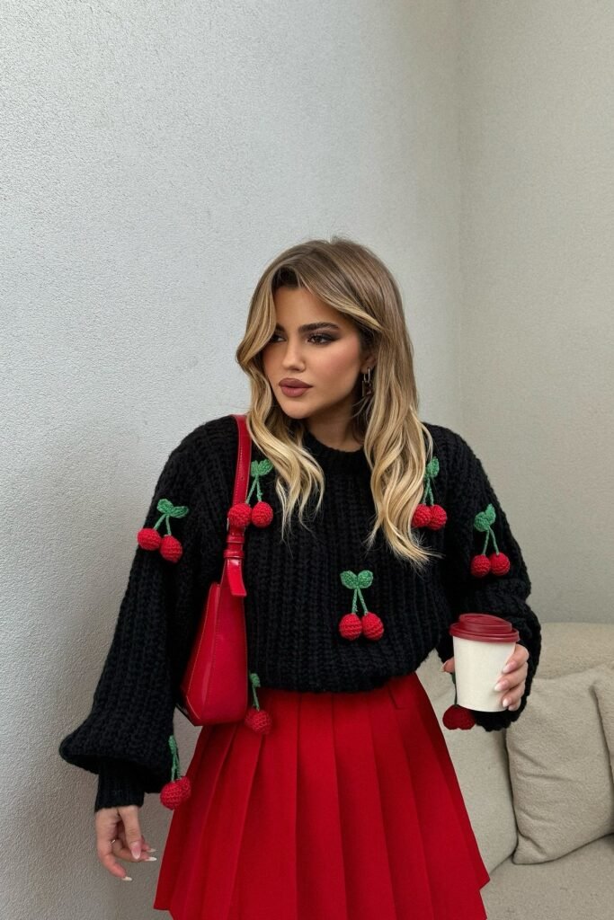 Black Knit Sweater with Red Cherry Appliqués + Red Pleated Mini Skirt + Red Shoulder Bag