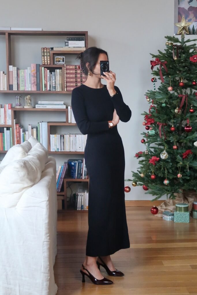 Black Long-Sleeve Ribbed Maxi Dress + Burgundy Slingback Heels