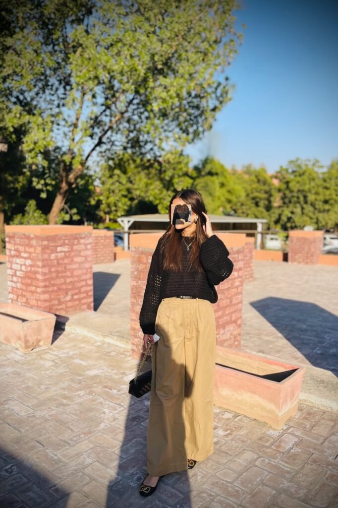 Black Mesh Knit Sweater + Tan Wide-Leg Trousers + Black Pointed Flats