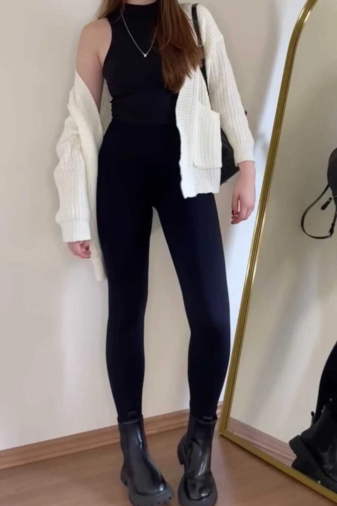 Black Mock-Neck Bodysuit + Black Leggings + Cream Oversized Knit Cardigan + Black Chunky Chelsea Boots