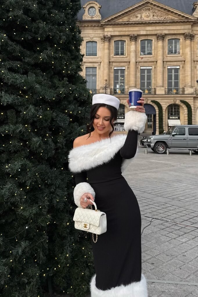 Black Off the Shoulder Column Dress with White Faux Fur Trim + White Pillbox Hat + Quilted White Mini Bag