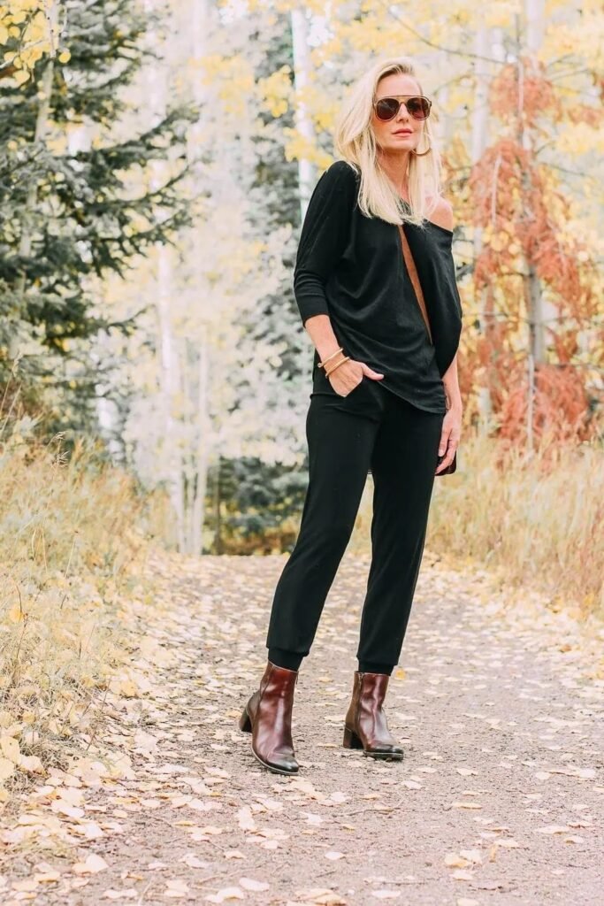 Black One Shoulder Long Sleeve Top + Black Joggers + Brown Leather Ankle Boots