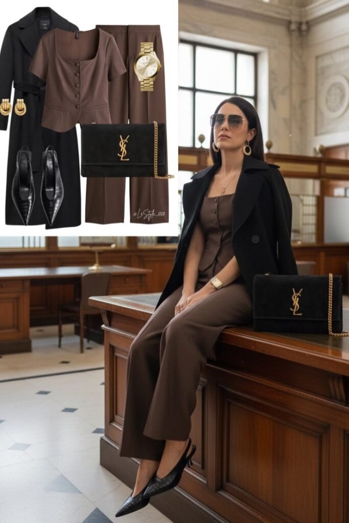 Black Overcoat + Chocolate Brown Square-Neck Vest + Matching Brown Trousers + Black Pointed Slingbacks