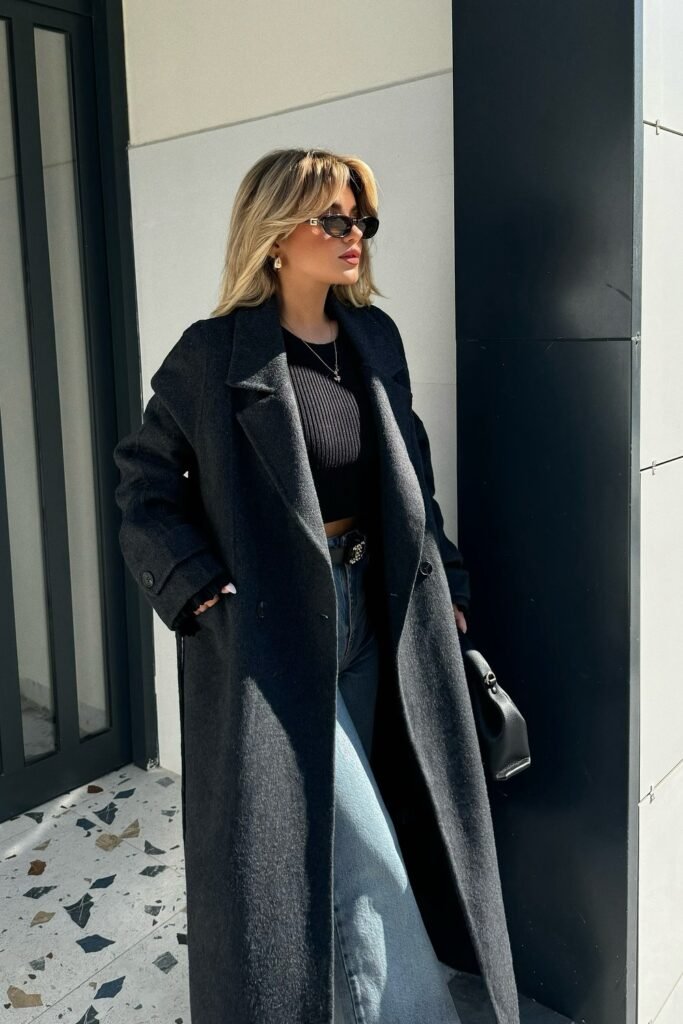 Black Oversized Wool Coat + Black Ribbed Crop Top + Light Blue Wide-Leg Jeans