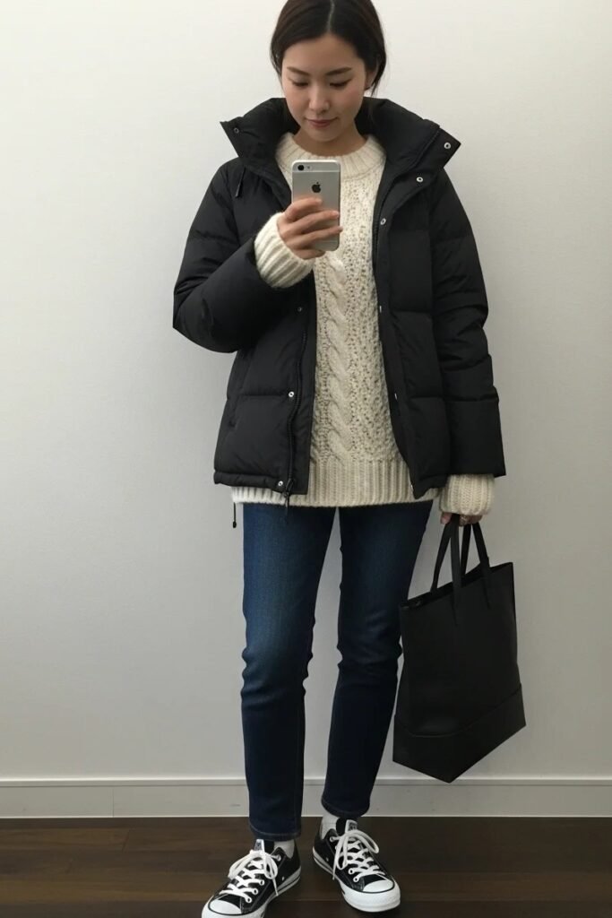 Black Puffer Jacket + Cream Cable-Knit Sweater + Dark Wash Skinny Jeans
