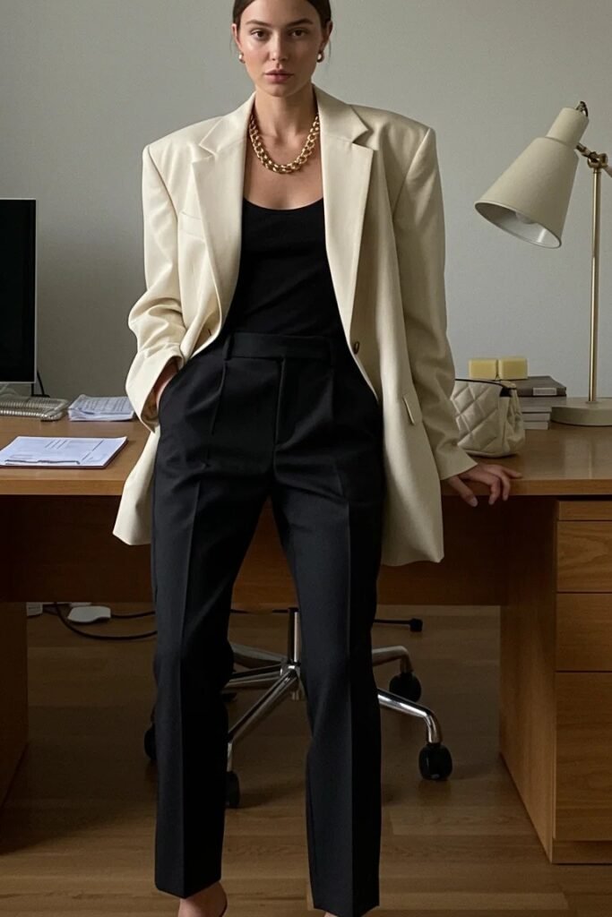 Black Scoop-Neck Top + Black Tailored Trousers + Oversized Cream Blazer