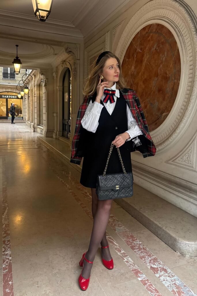 Black Sleeveless Dress + White Ruffle-Collar Blouse + Plaid Blazer + Red Patent Mary Jane Heels