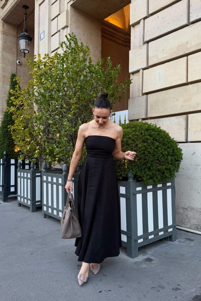 Black Strapless Maxi Dress + Taupe Pointed Toe Flats + Taupe Leather Handbag