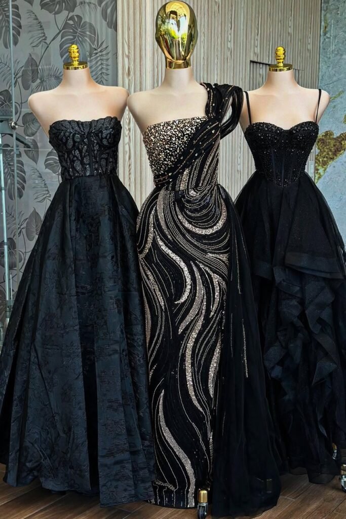 Black Textured Ballgown + Black and Gold One-Shoulder Sequin Gown + Black Ruffled Corset Gown