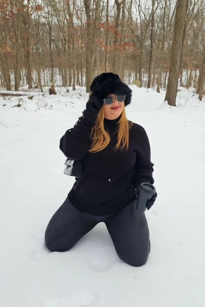 Black Turtleneck Sweater + Black Leather Leggings + Black Faux Fur Bucket Hat