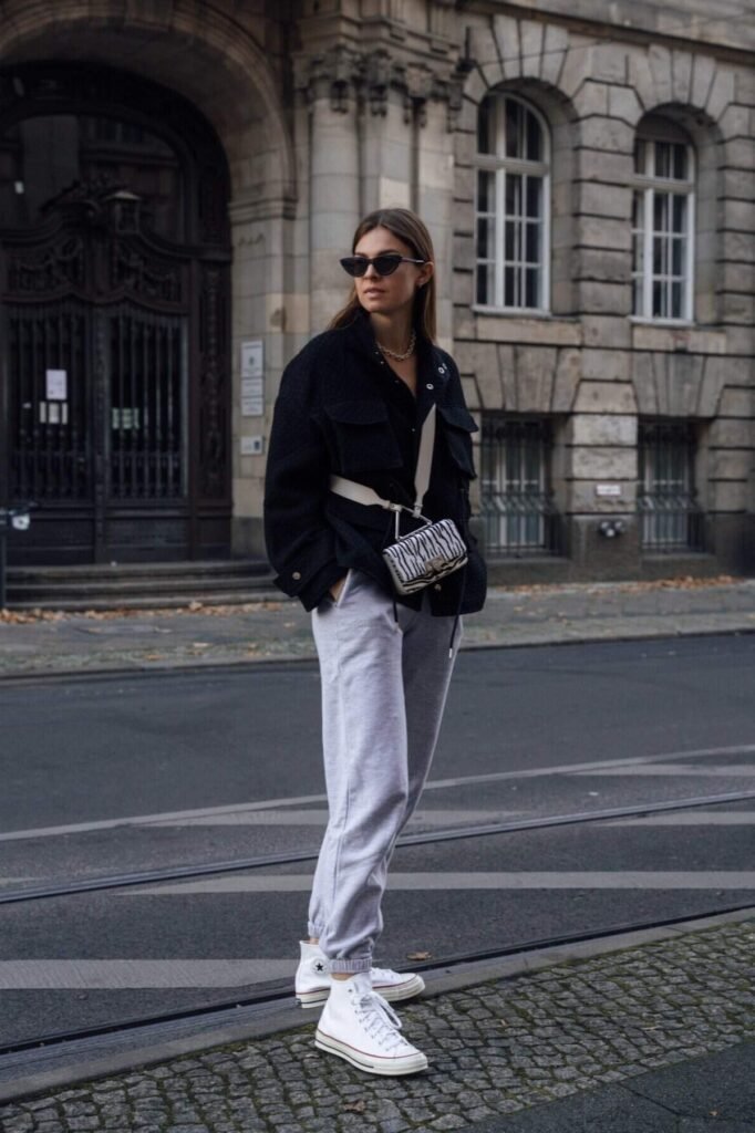 Black Utility Shacket + Grey Joggers + White High Top Sneakers