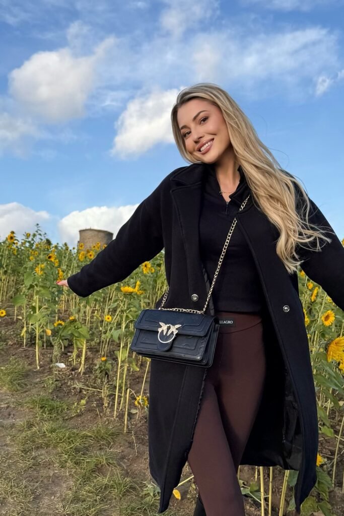 Black Wool Coat + Black Ribbed Top + Brown Leggings + Black Chain Crossbody Bag