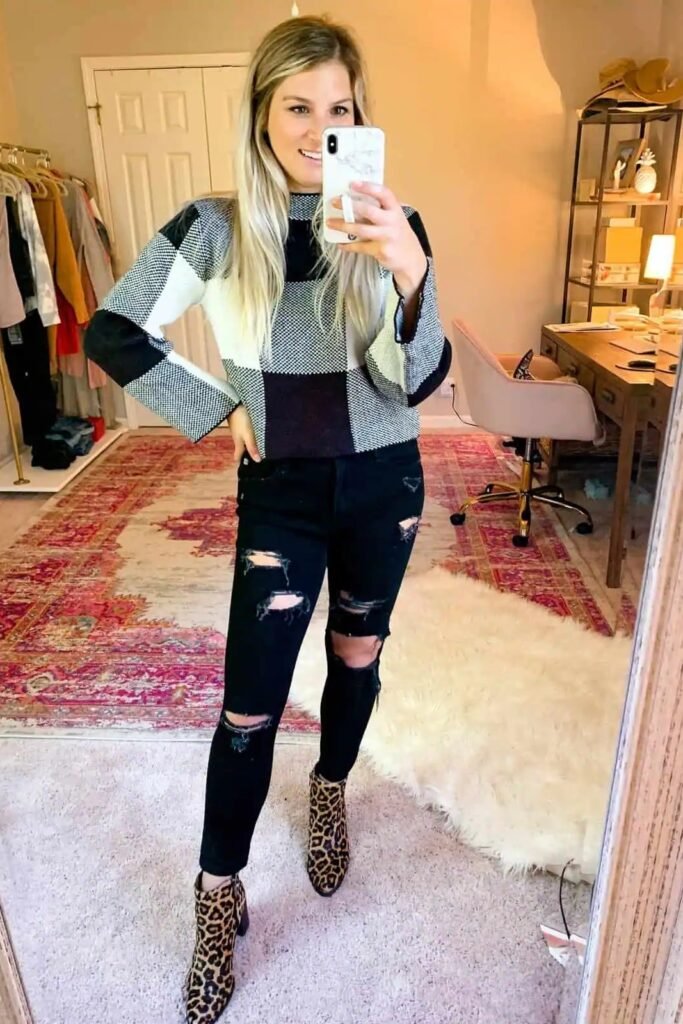 Black and White Checkered Sweater + Ripped Black Skinny Jeans + Leopard Print Ankle Boots