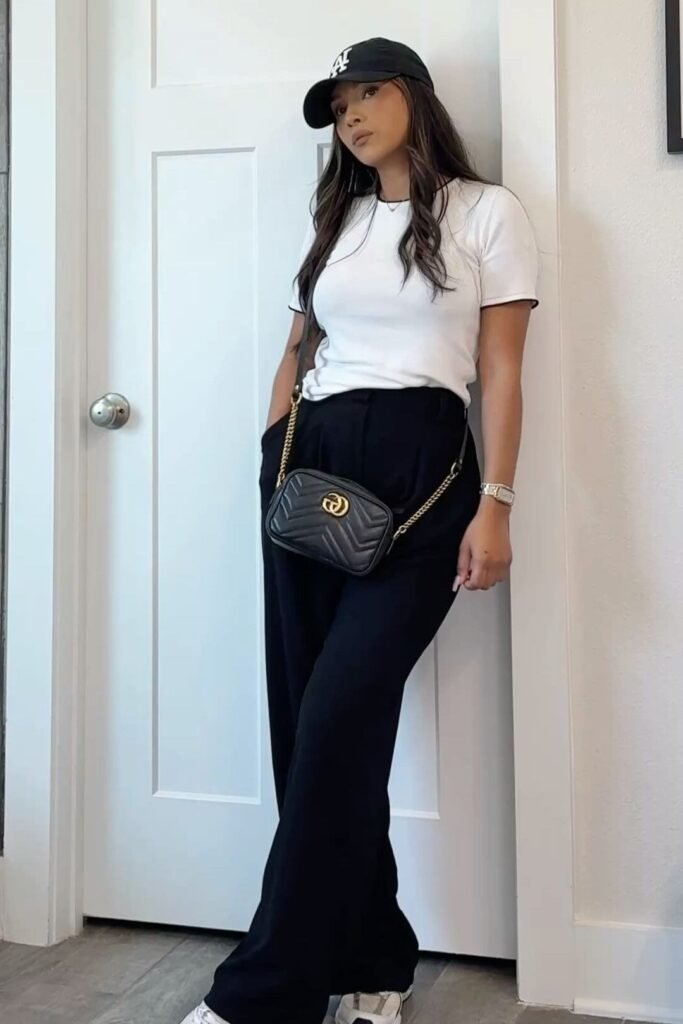 Black and White Striped Tee + Black Wide Leg Trousers + White Sneakers