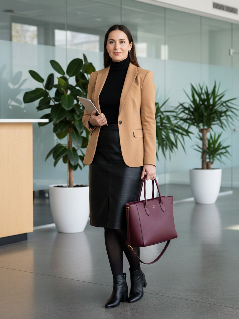 Blazer + Turtleneck + Leather Skirt + Tights