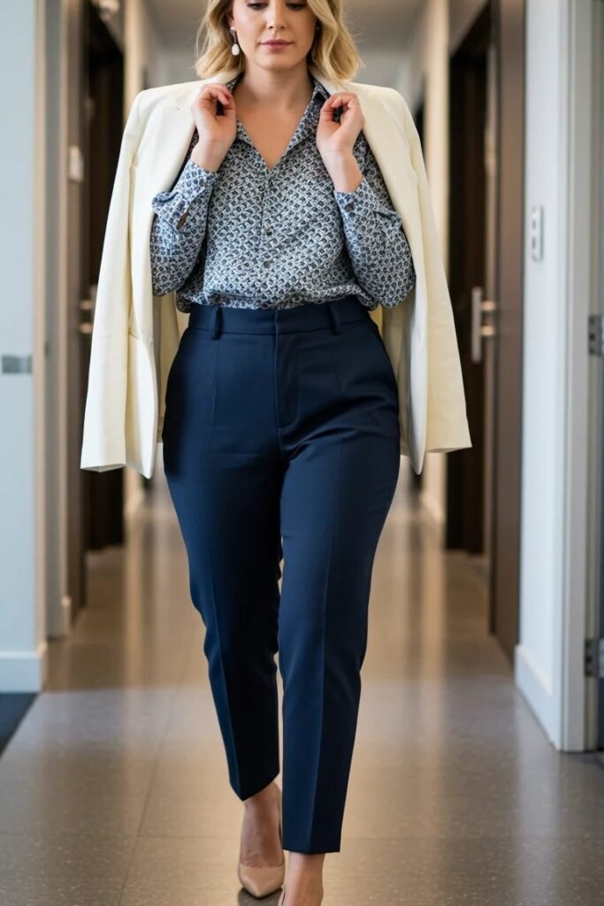 Blue Geometric Print Button-Down Shirt + Navy High-Waisted Trousers + Cream Blazer