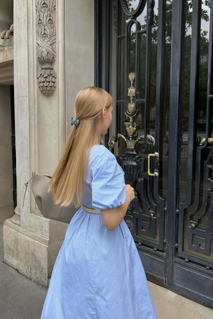 Blue Striped Puff Sleeve Midi Dress + White Waist Belt + Taupe Tote Bag