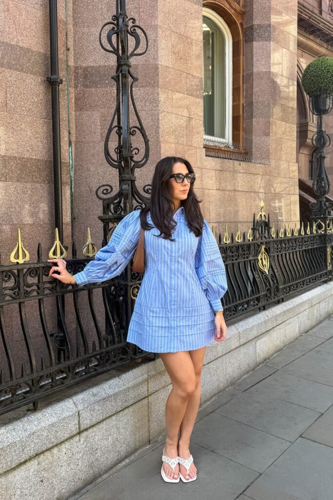 Blue Striped Puff-Sleeve Mini Shirt Dress + White Laser-Cut Flip Flops + Brown Shoulder Bag