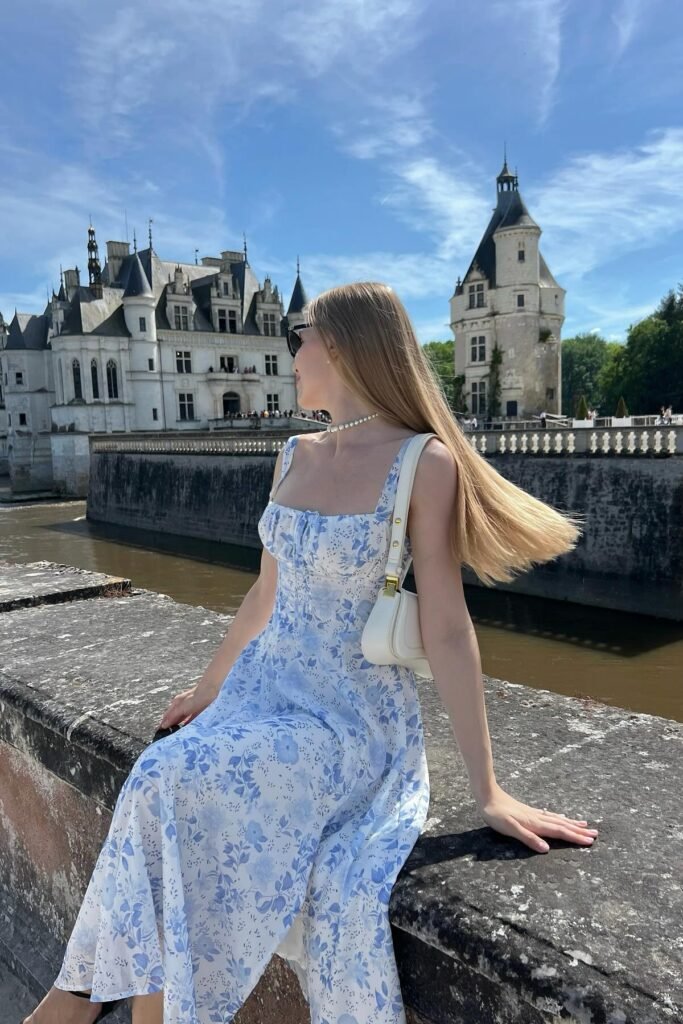 Blue and White Floral Bustier Midi Dress + White Shoulder Bag + Pearl Necklace