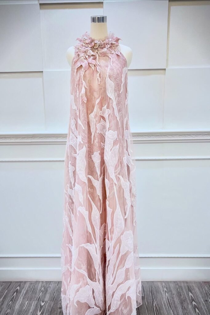 Blush Pink Halter Gown + 3D Floral Neckline + White Leaf Embroidery